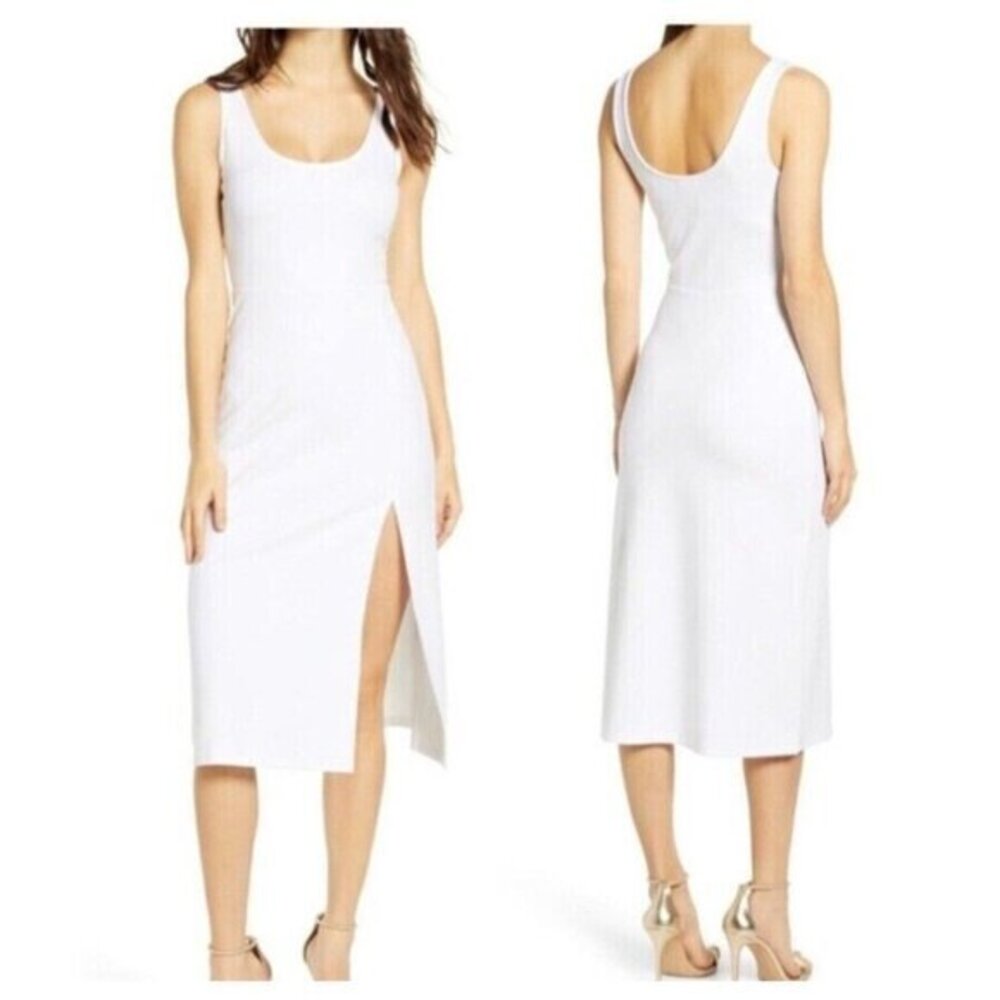 Leith White Dress Knit Midi Scoop Neck Side Slit Jersey Knit SZ XXS NWT